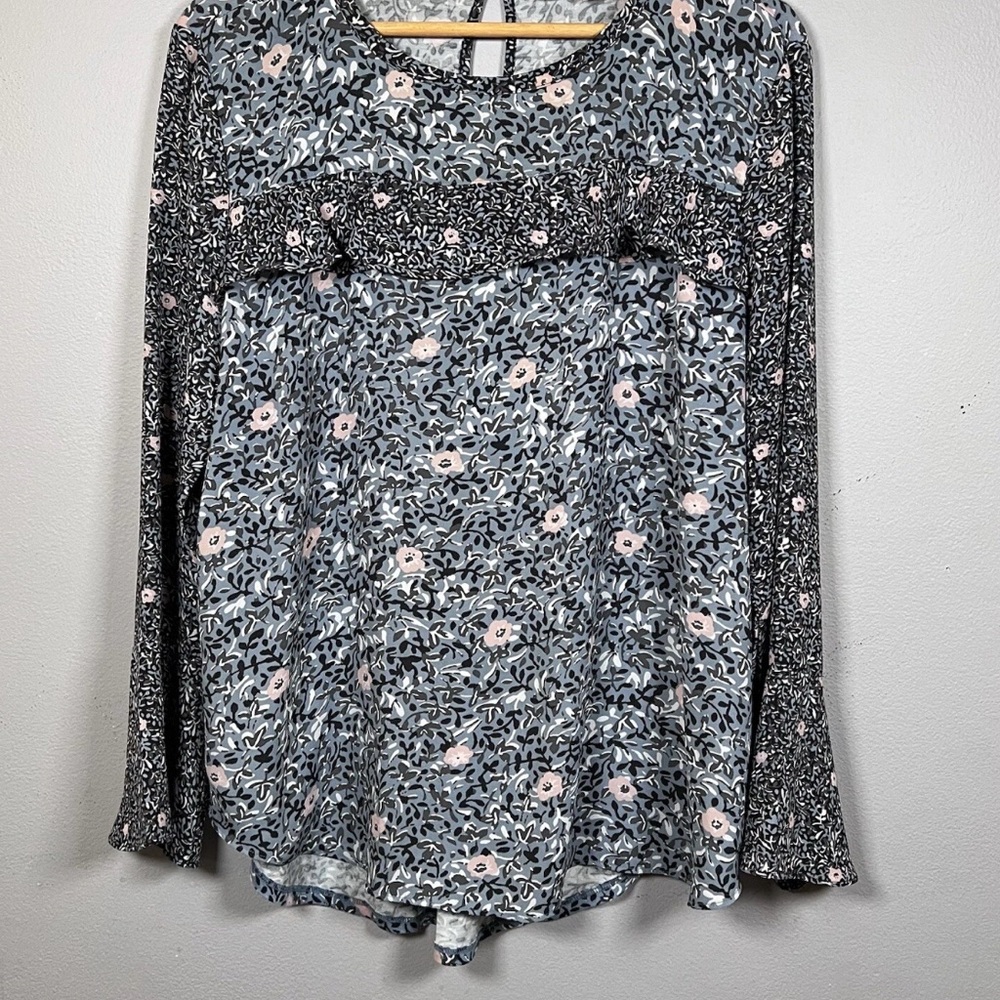 LOFT Blouse Floral Bell Sleeve Ruffle Multicolor Round Neck Casual Top Womens XL - Picture 11 of 11